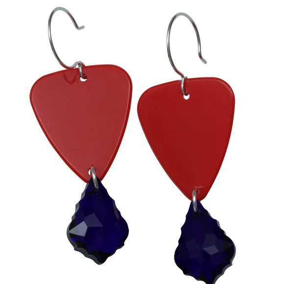 Guitar Pick Earrings OOAK Red and Blue - Picture 2 of 2